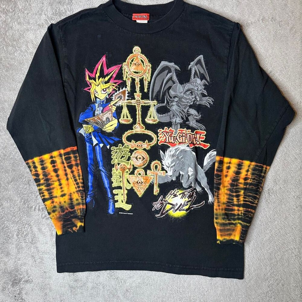 Vintage Yu-Gi-Oh! 1996 90s Long Sleeve T-Shirt Tie-Dye Sleeves Size Youth Medium